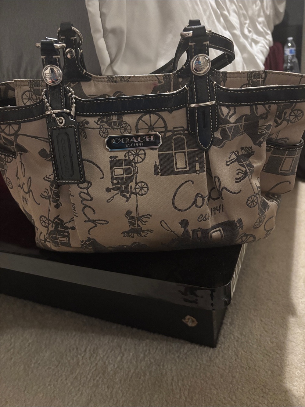 Coach Beige & Black Signature Print Shoulder Bag